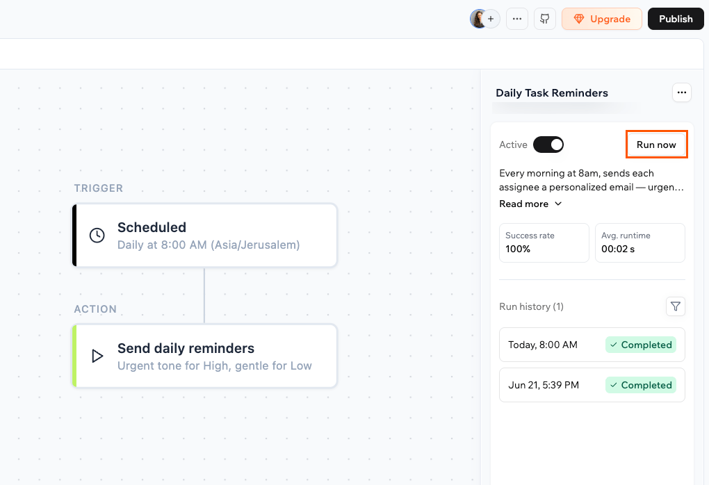 Running a workflow with Run now