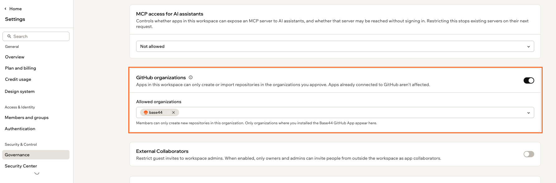 The GitHub organizations card in Governance settings, turned on with an approved organization listed under Allowed organizations
