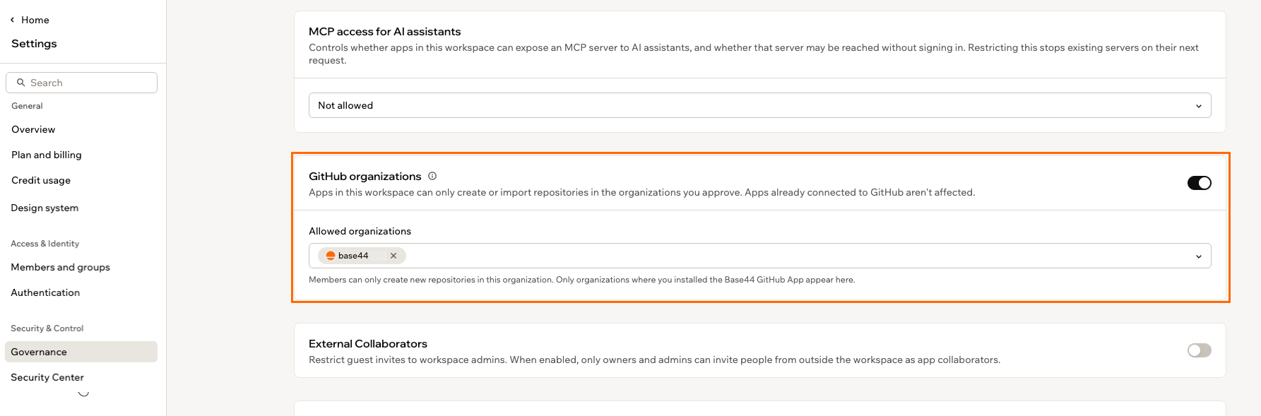 The GitHub organizations card in Governance settings, turned on with an approved organization listed under Allowed organizations