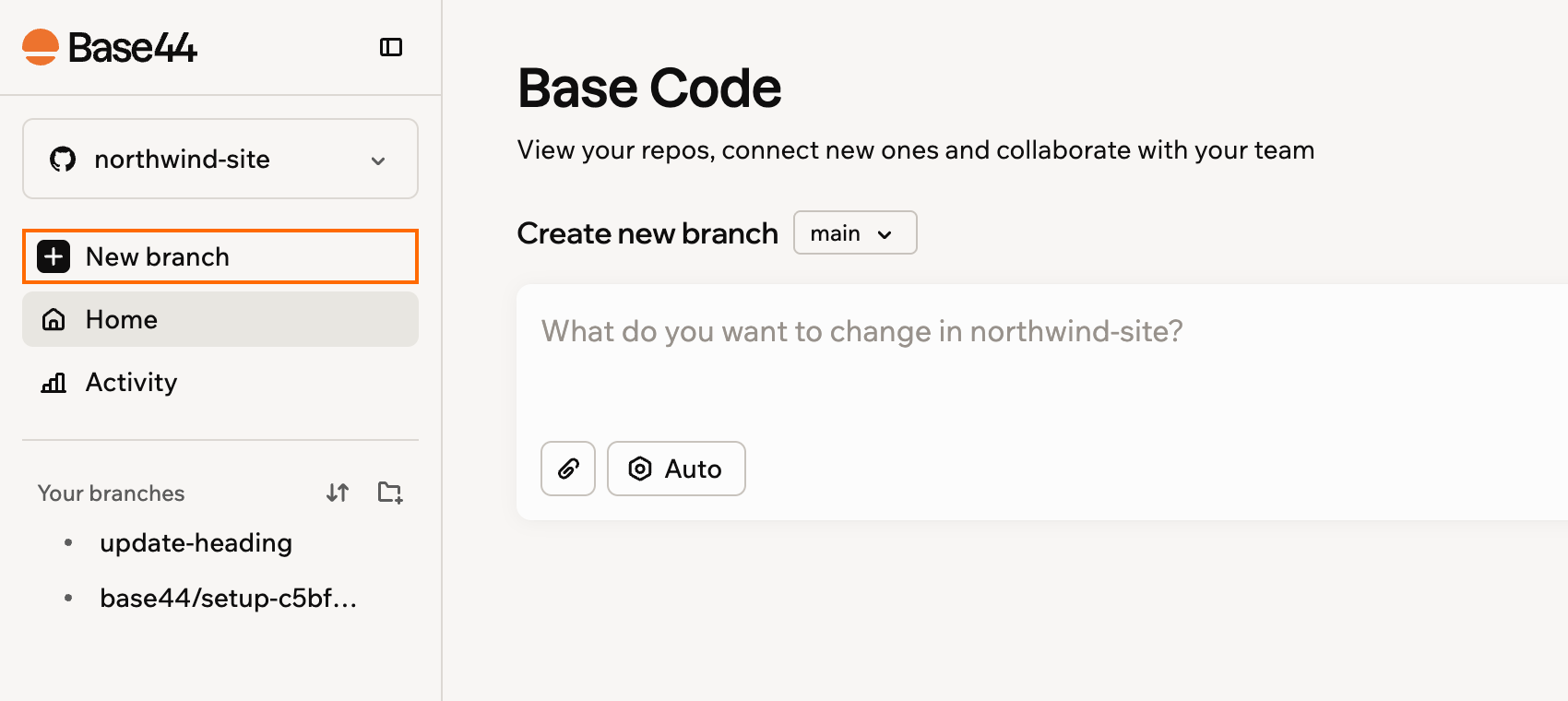La barra lateral de Base Code con New branch resaltado, encima de Home y Your branches