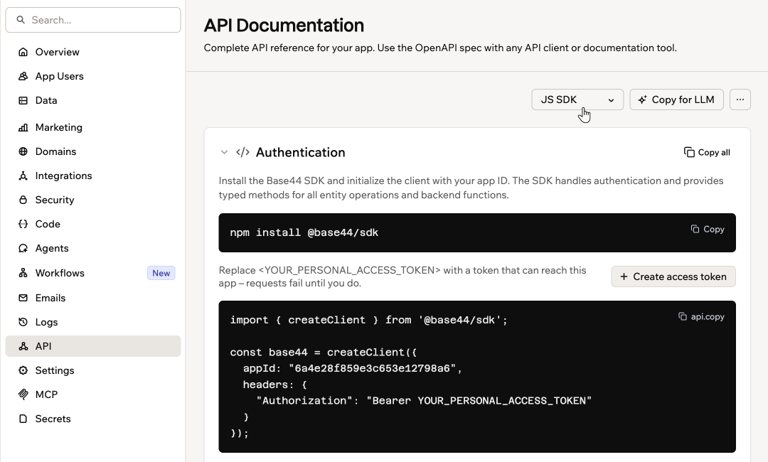 Uno screenshot della pagina API con il menu a discesa del linguaggio dell'esempio di codice impostato su JS SDK