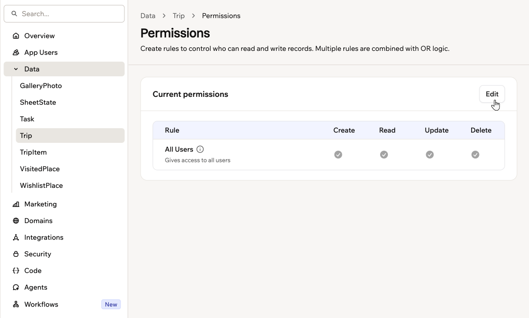 Uno screenshot della pagina Permissions di una tabella che mostra le sue regole correnti e un pulsante Edit