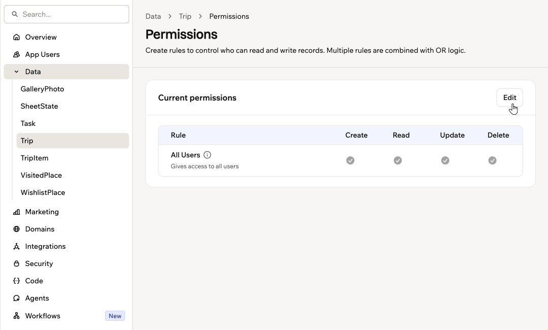 Uno screenshot della pagina Permissions di una tabella che mostra le sue regole correnti e un pulsante Edit