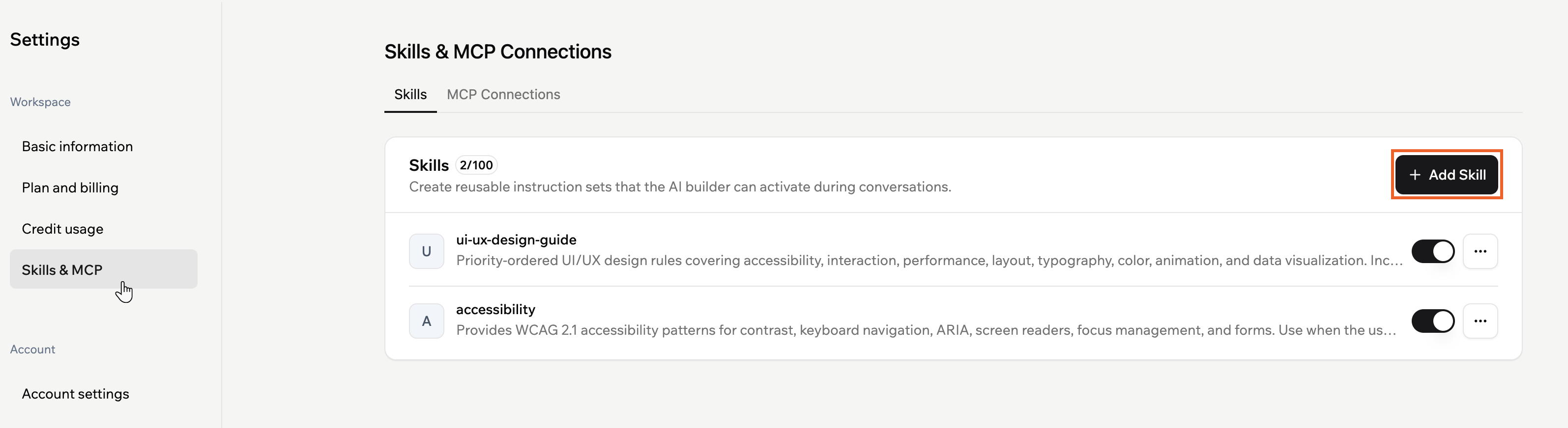 Adding a skill from your workspace settings