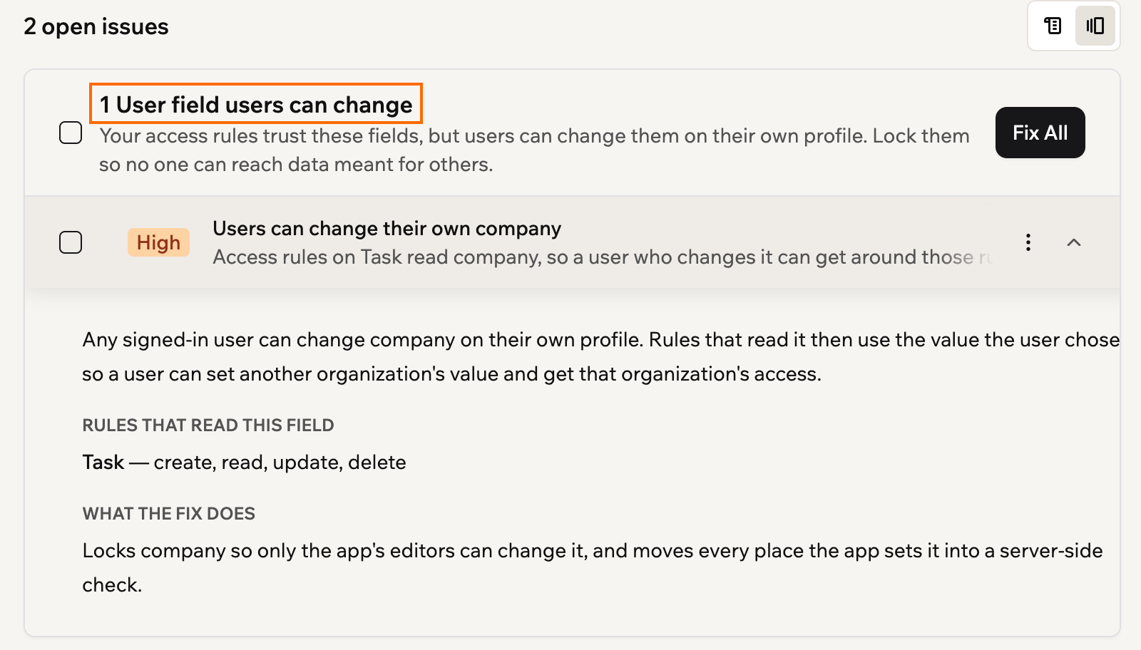 A screenshot of the User fields users can change card on the Security page, an issue expanded and the card title outlined