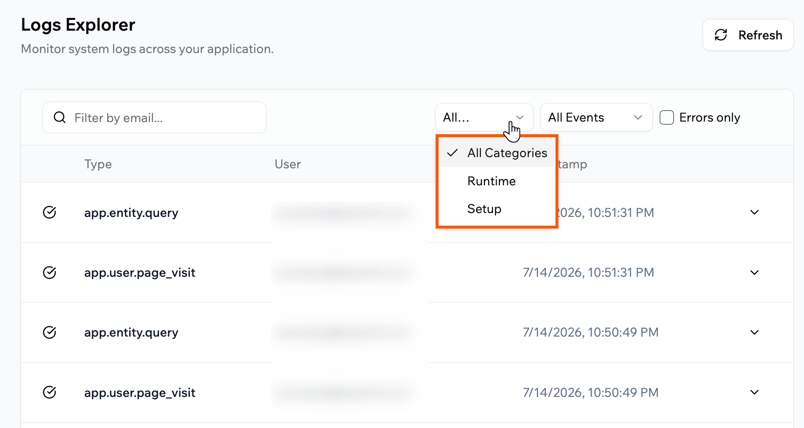 Choosing a log category in the Logs Explorer
