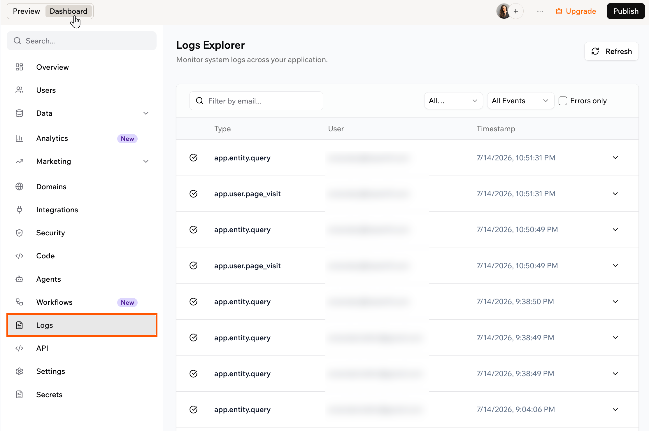 The Logs Explorer in the Base44 app dashboard