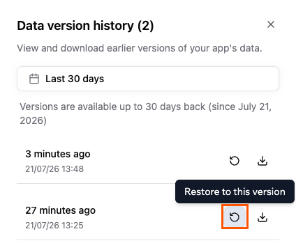 Restoring an earlier version of an entity's data