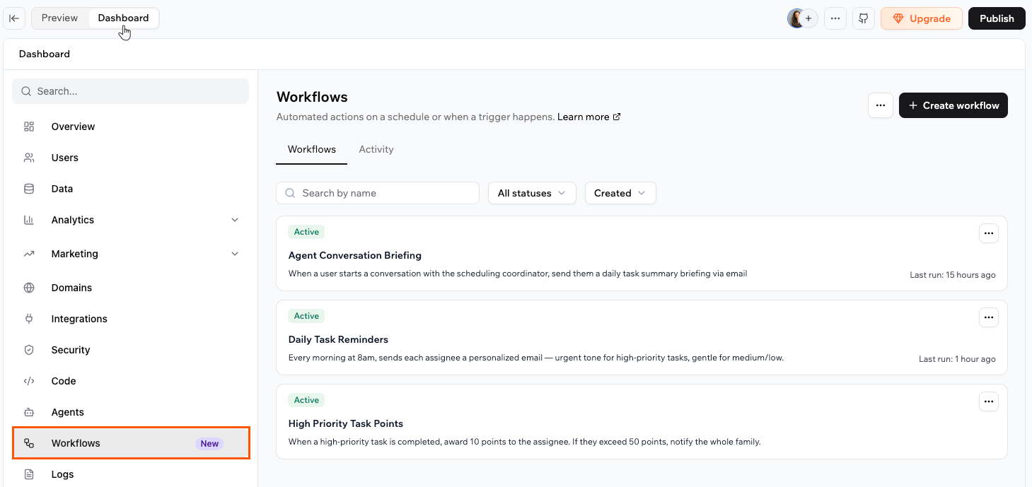 The Workflows dashboard