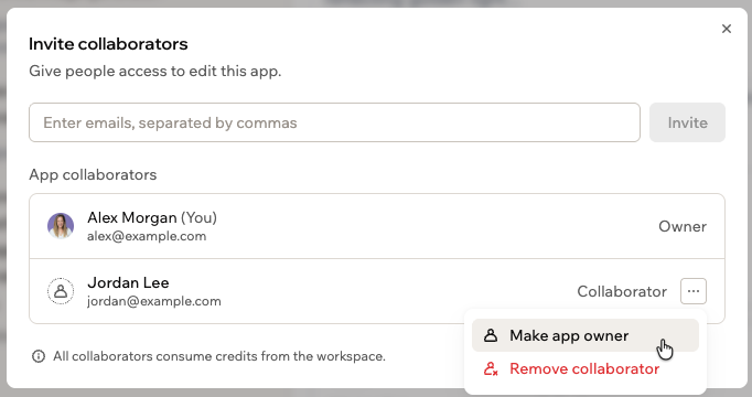 Selecting a new app owner from the collaborators panel