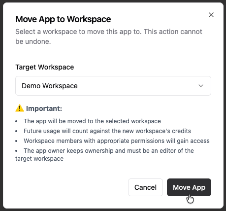 Move App to Workspace window with a target workspace selected