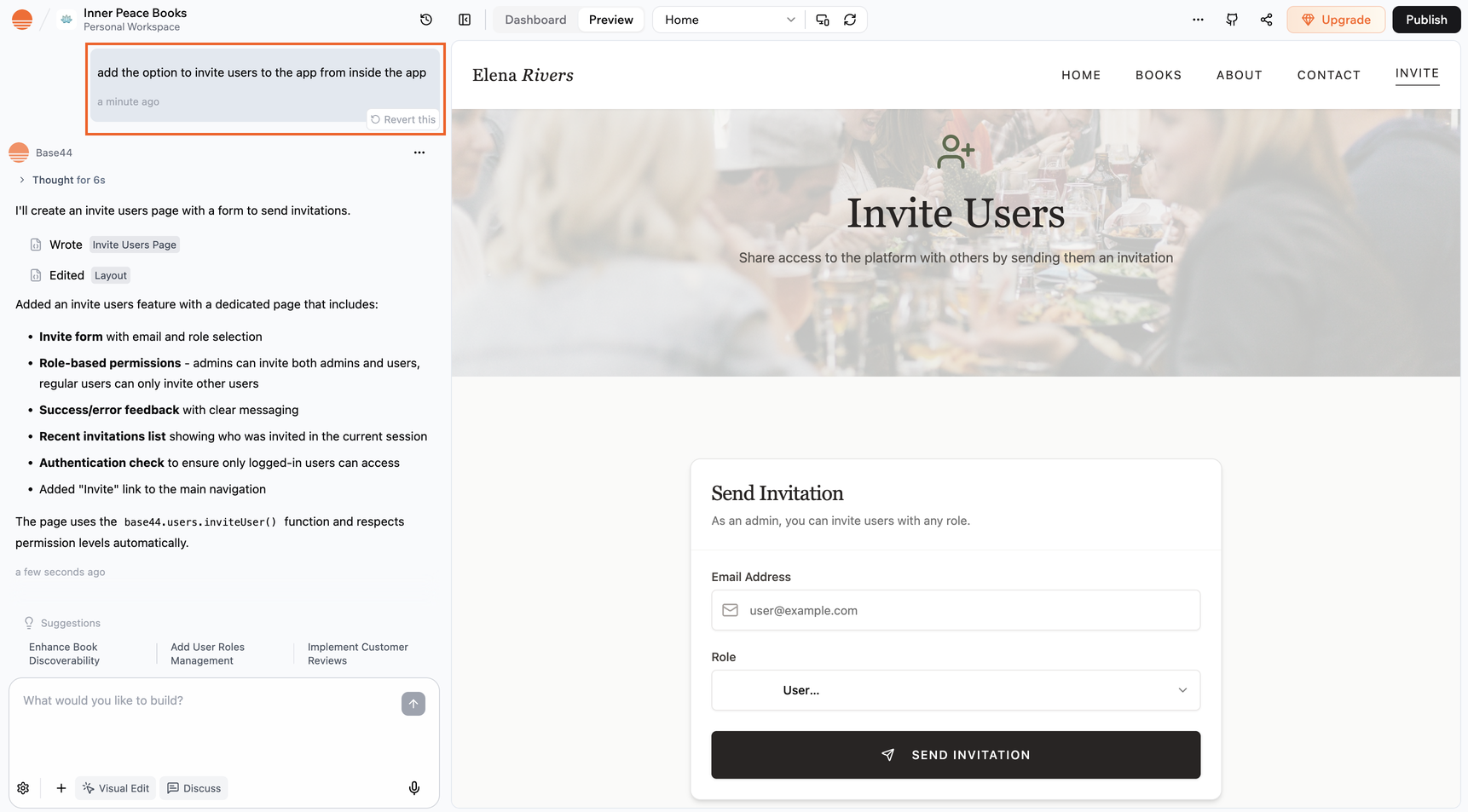 Asking the AI chat to add the ability to invite people from inside your app