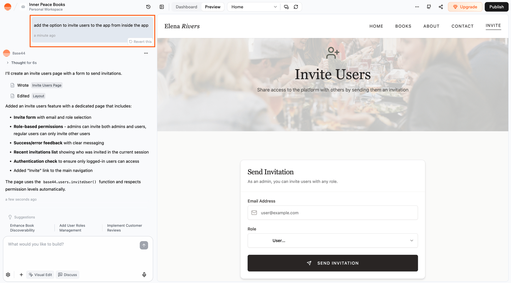Asking the AI chat to add the ability to invite people from inside your app