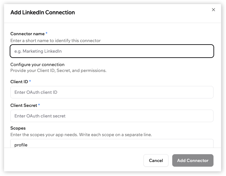 Add LinkedIn Connection window showing fields for connector name, client ID, client secret, and scopes.