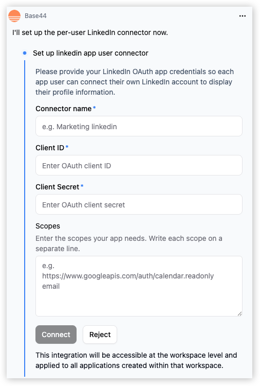 AI chat prompting for connector details, including connector name, client ID, client secret, and scopes.