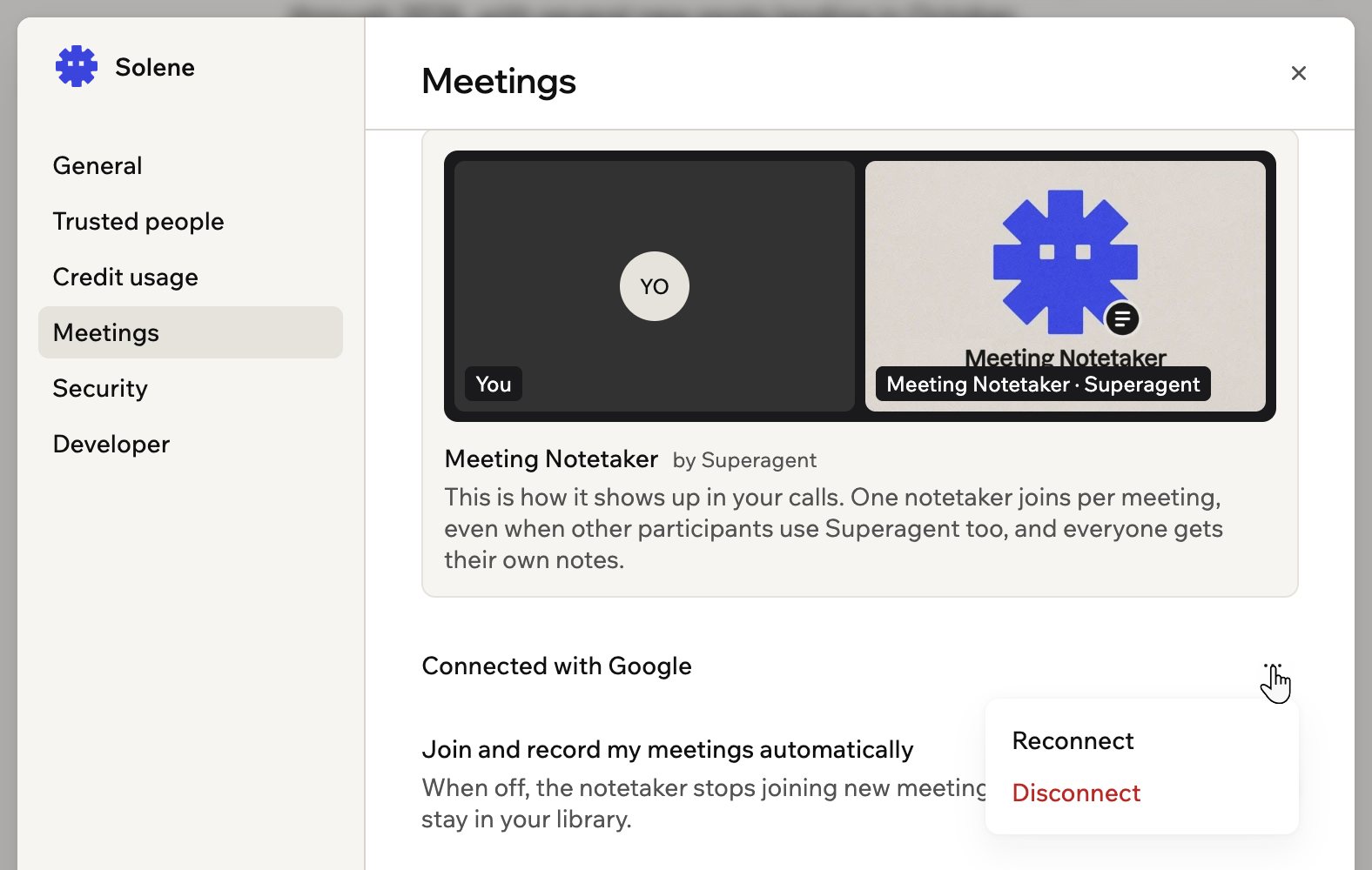 Una captura de pantalla del menú de conexión del calendario mostrando Reconnect y Disconnect