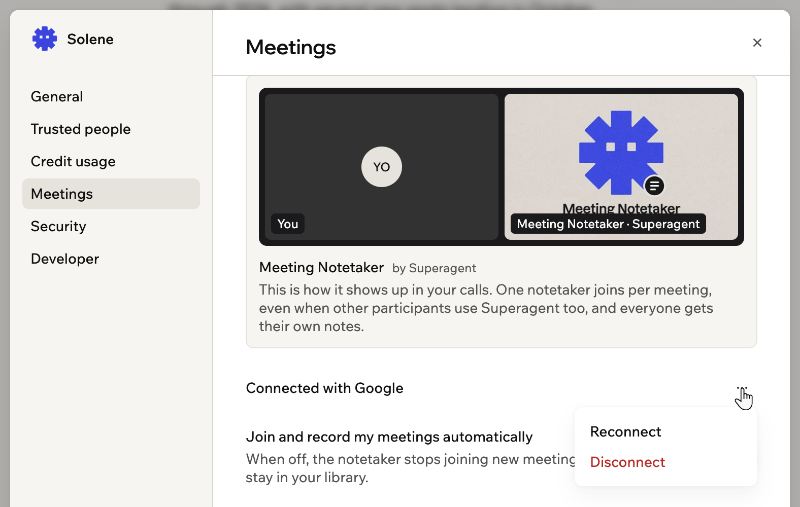 Una captura de pantalla del menú de conexión del calendario mostrando Reconnect y Disconnect