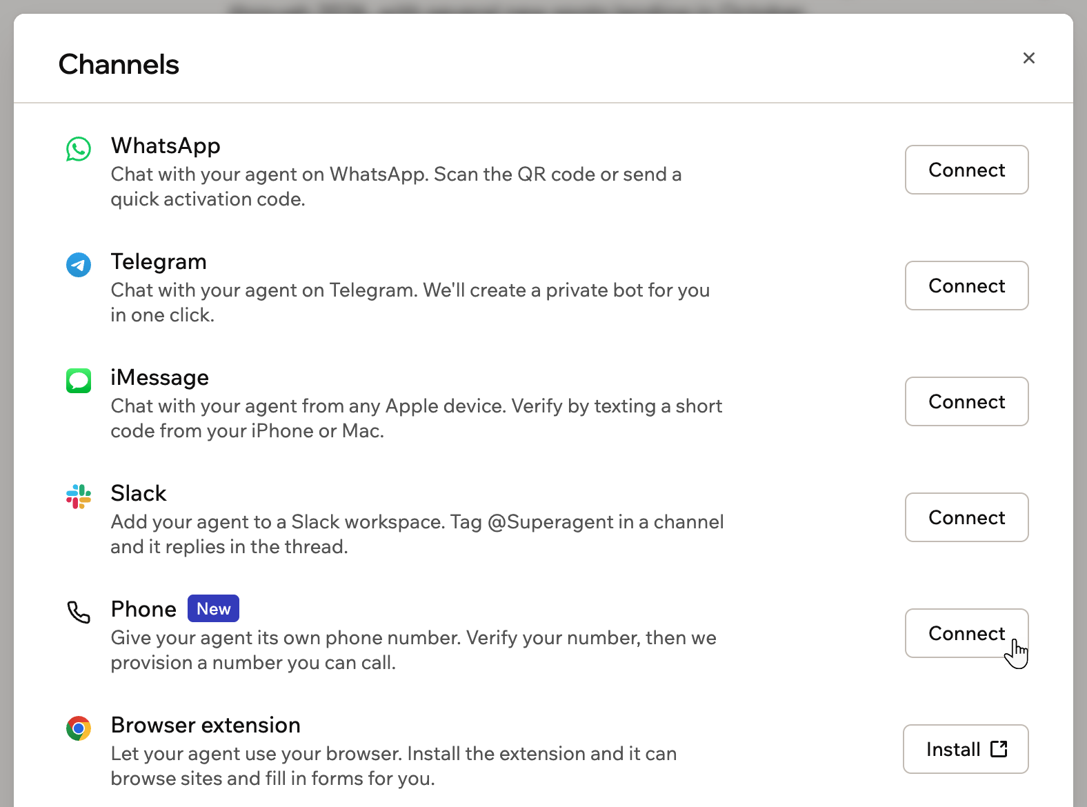 A screenshot of the Channels page with WhatsApp, Telegram, iMessage, Slack, Phone and the browser extension