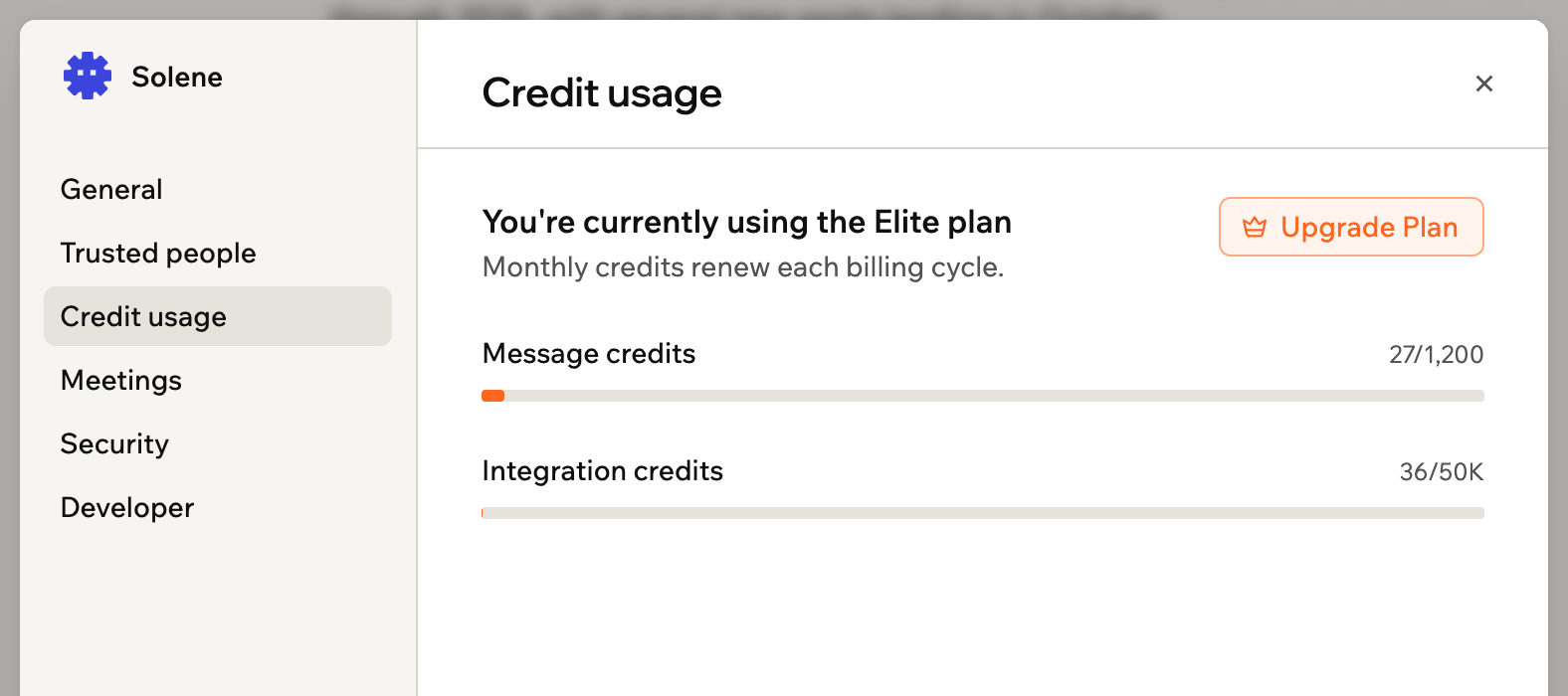 A screenshot of Credit usage settings showing message credits and integration credits
