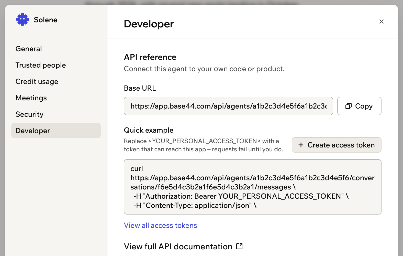A screenshot of Superagent Developer settings with the base URL, a quick example request and Create access token