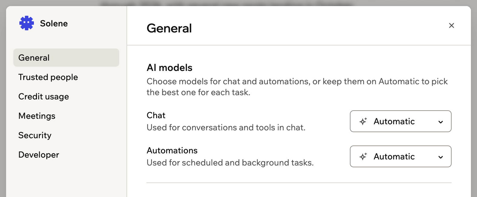 A screenshot of General settings with the AI model choices for chat and automations