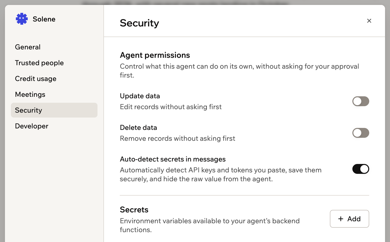A screenshot of Security settings with the agent permission toggles and the Secrets area
