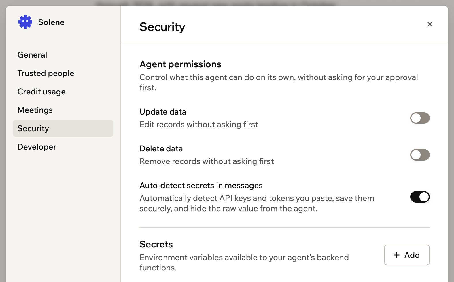 A screenshot of Security settings with the agent permission toggles and the Secrets area
