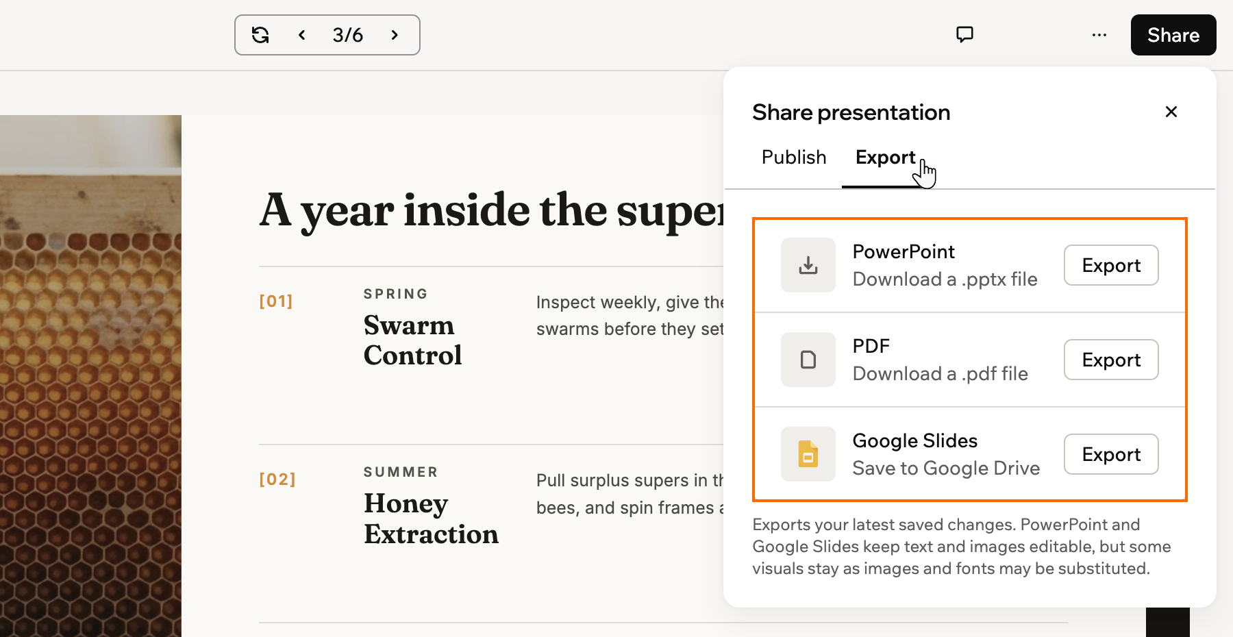 O painel Share presentation na aba Export, com as linhas PowerPoint, PDF e Google Slides destacadas