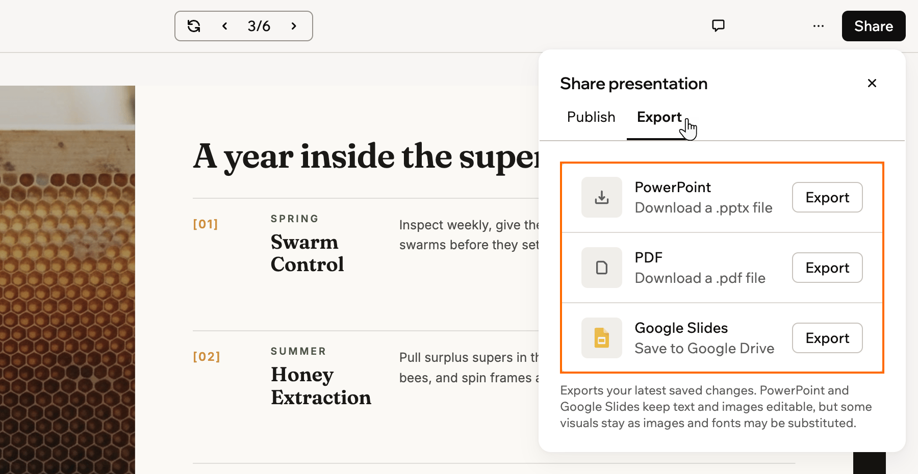 O painel Share presentation na aba Export, com as linhas PowerPoint, PDF e Google Slides destacadas