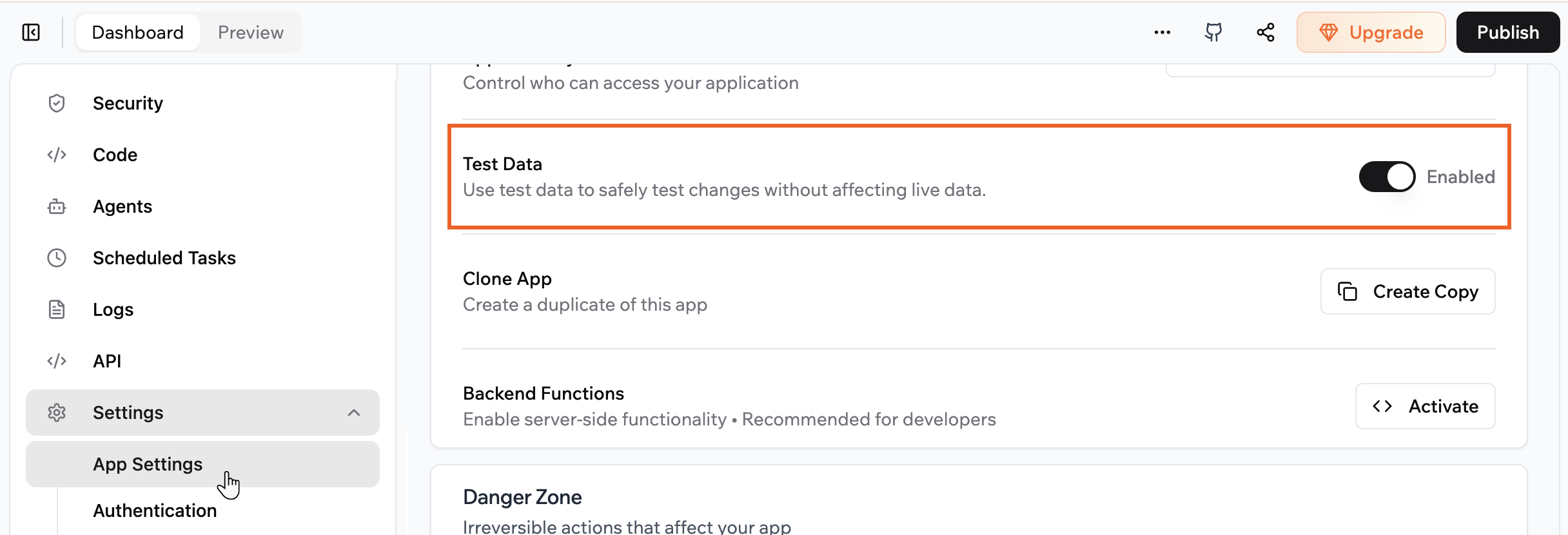 Turning on Test Data in App Settings