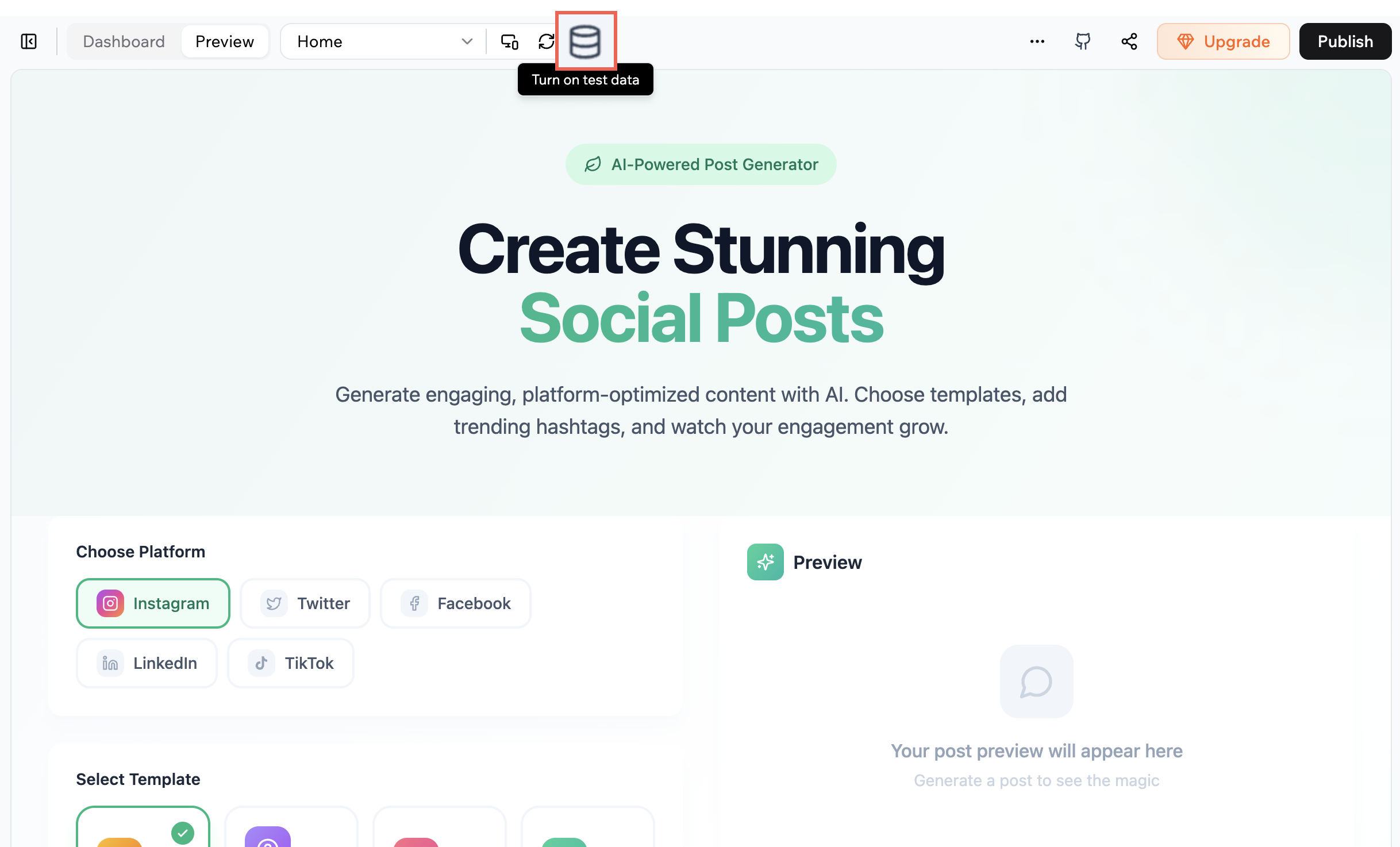 Turning on test data mode in the app preview