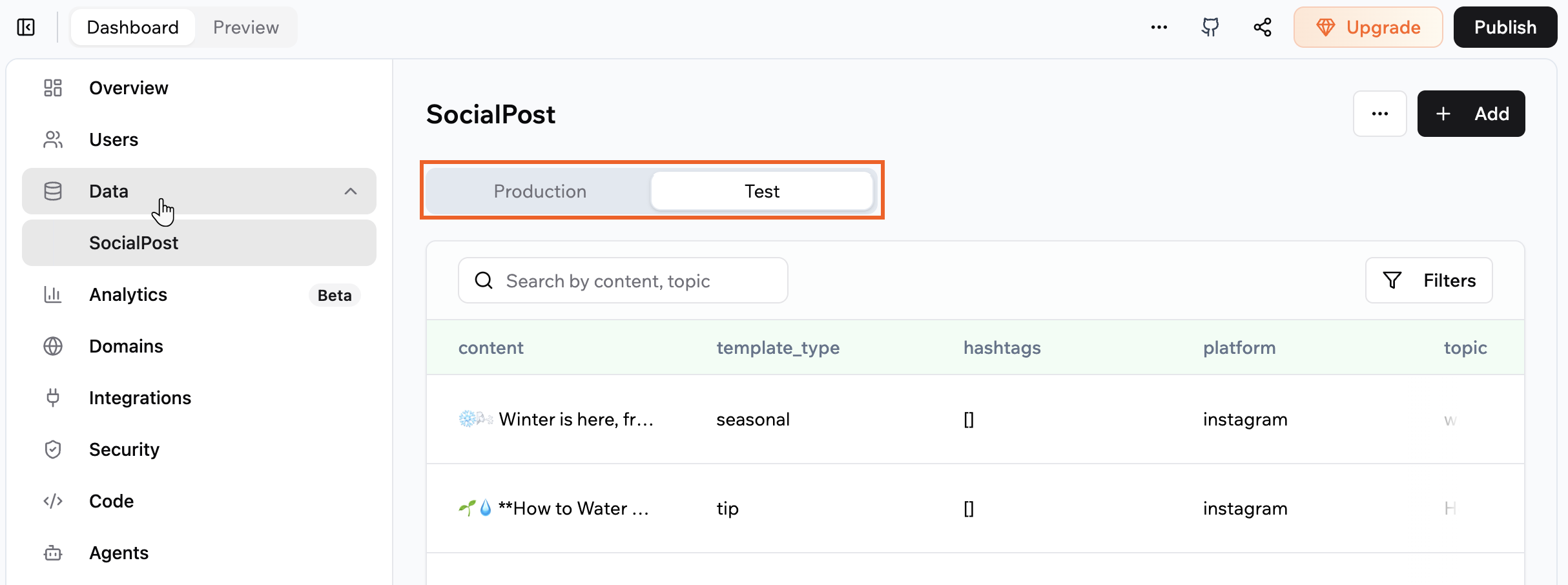 Switching between production and test data in the Data tab