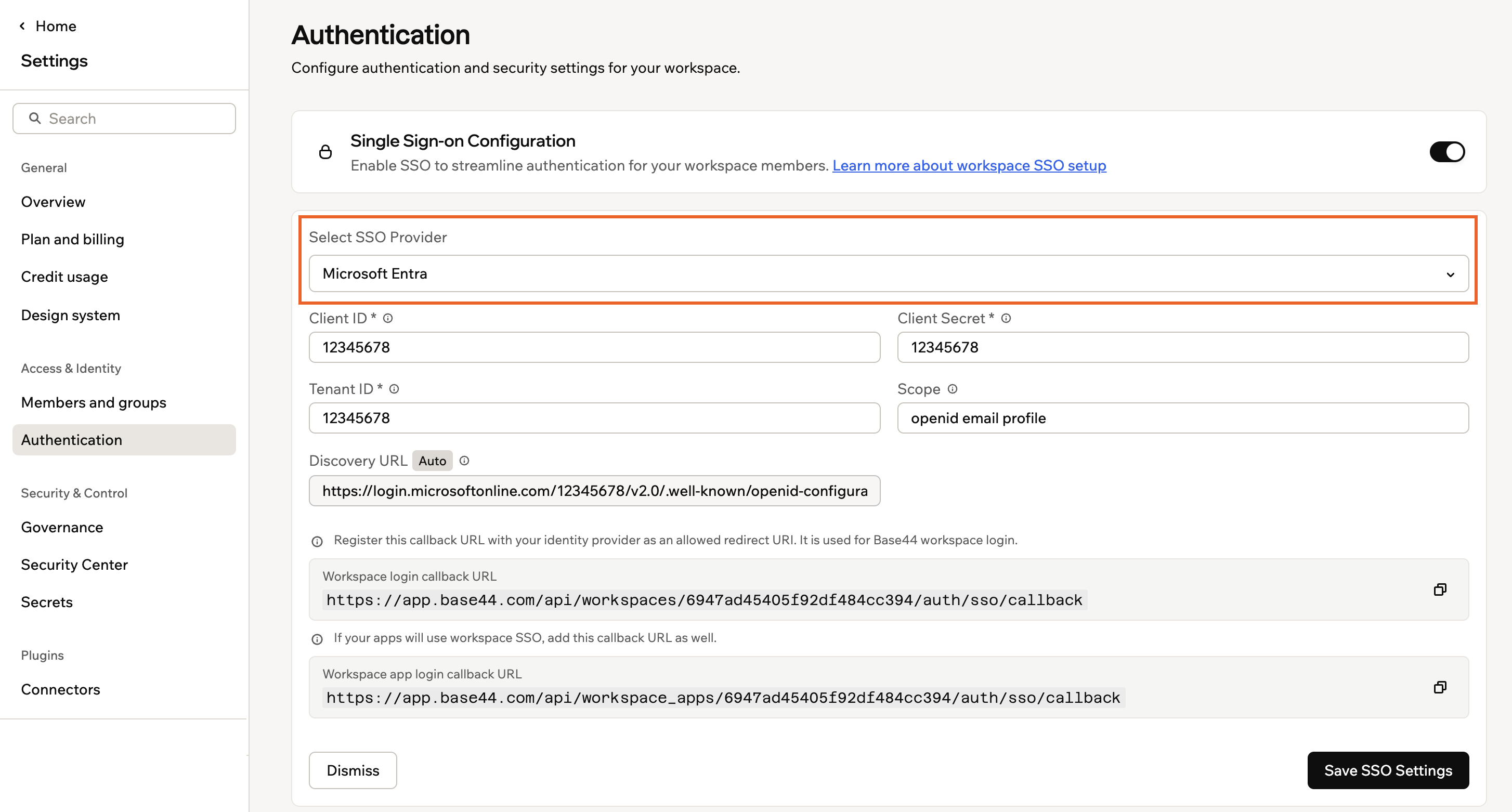 Base44 Authentication settings showing the Single Sign-On Configuration form