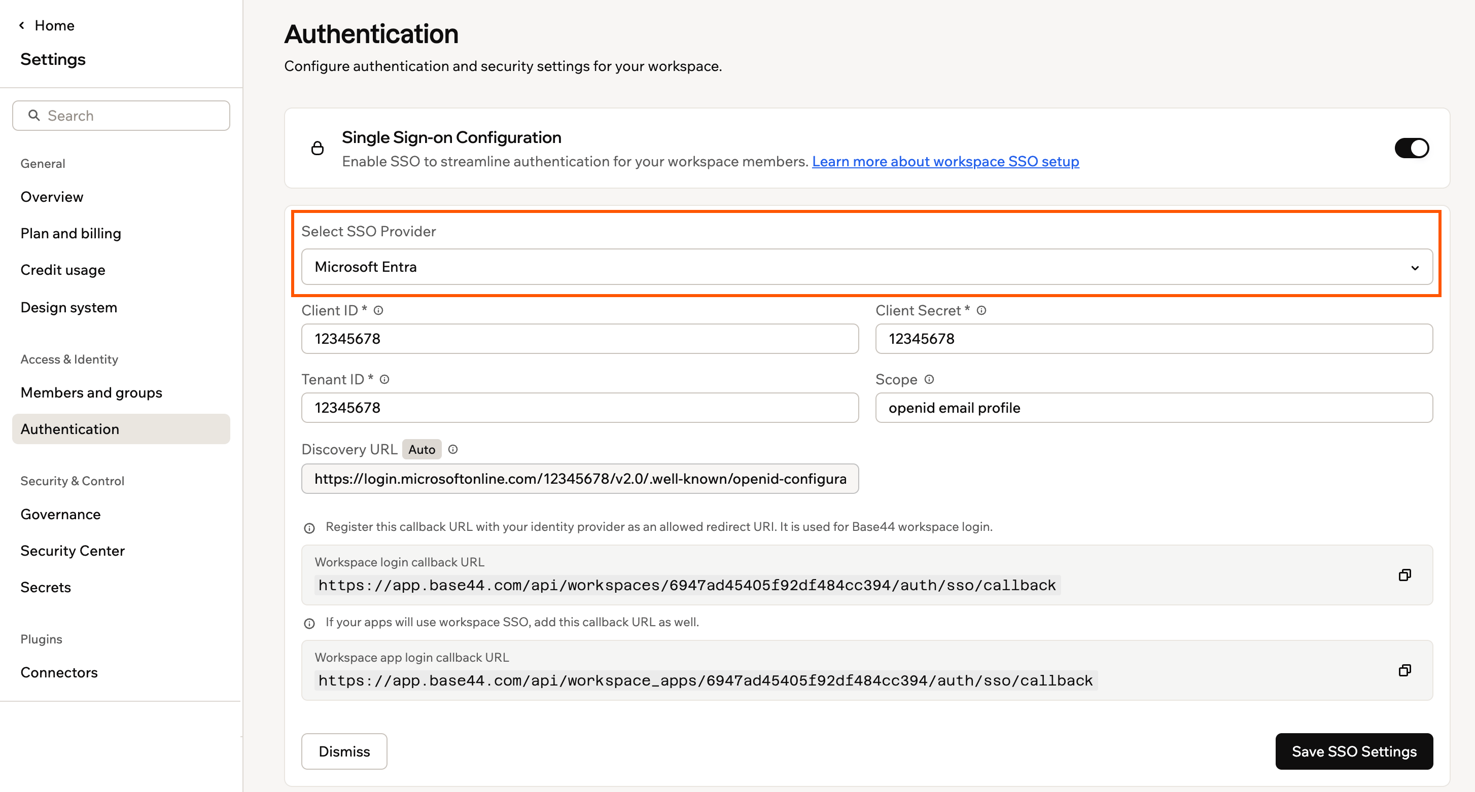 Base44 Authentication settings showing the Single Sign-On Configuration form
