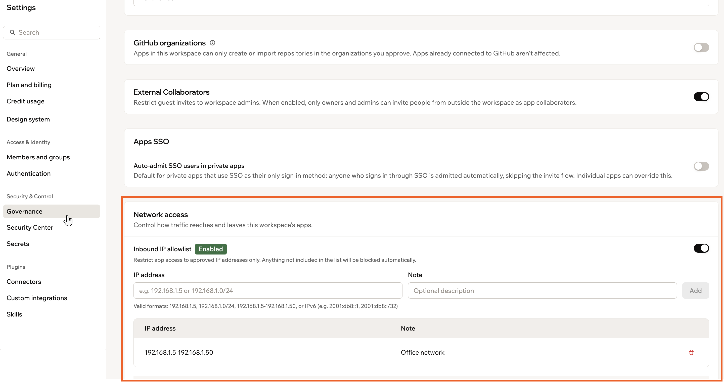 The Inbound IP allowlist under Network access in Governance settings