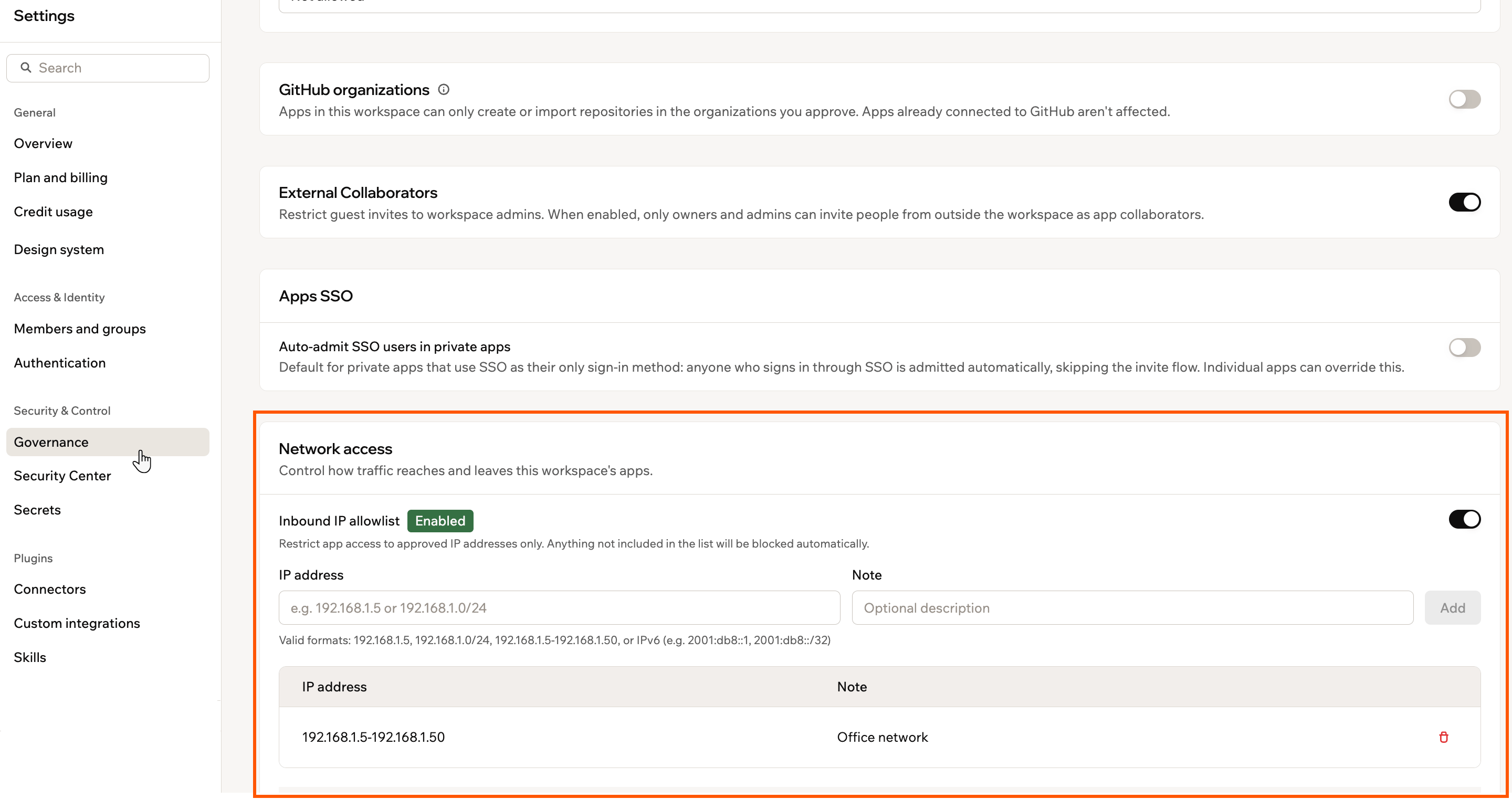 The Inbound IP allowlist under Network access in Governance settings