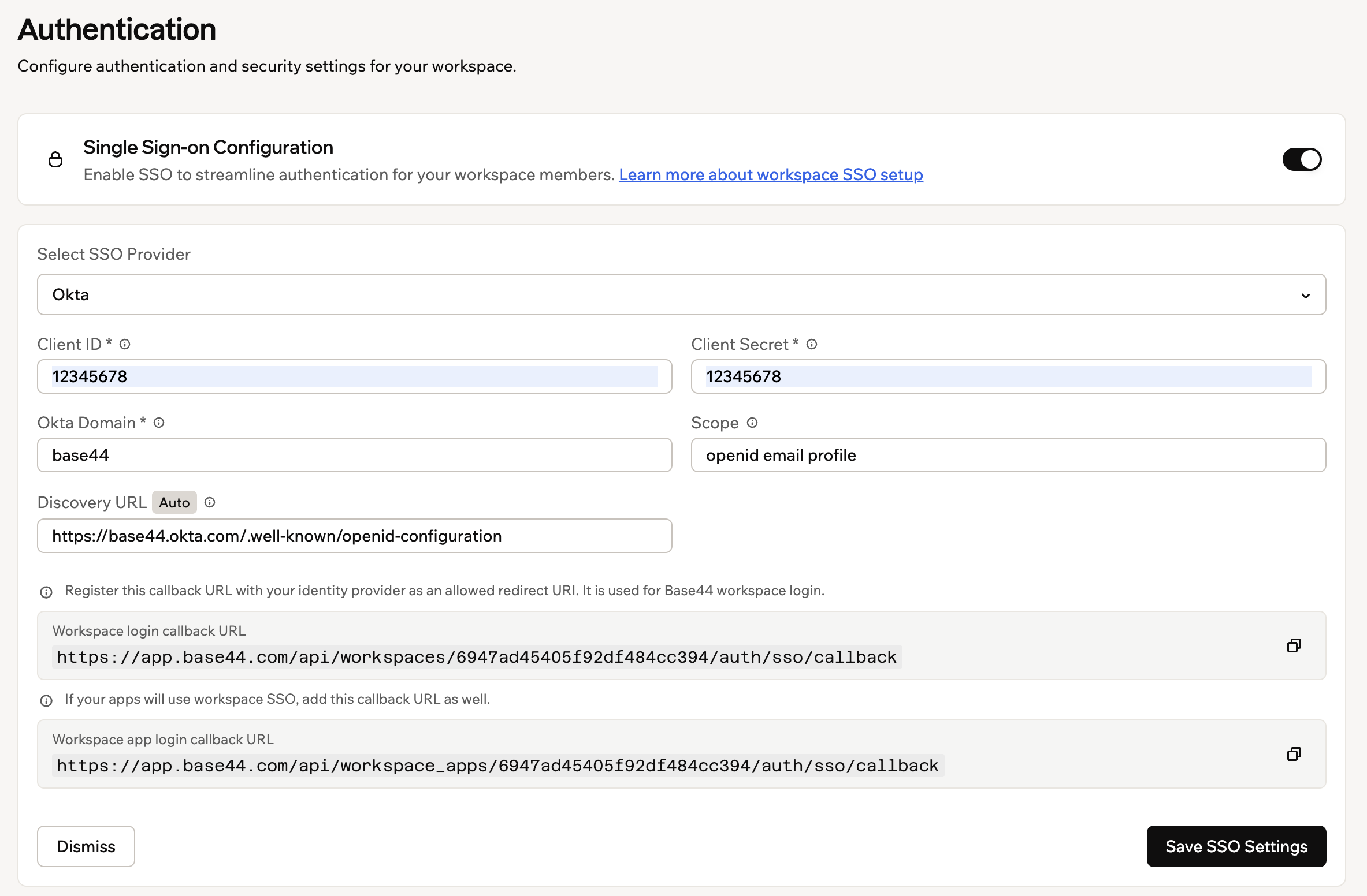 Base44 Authentication panel configured with Okta as the SSO provider