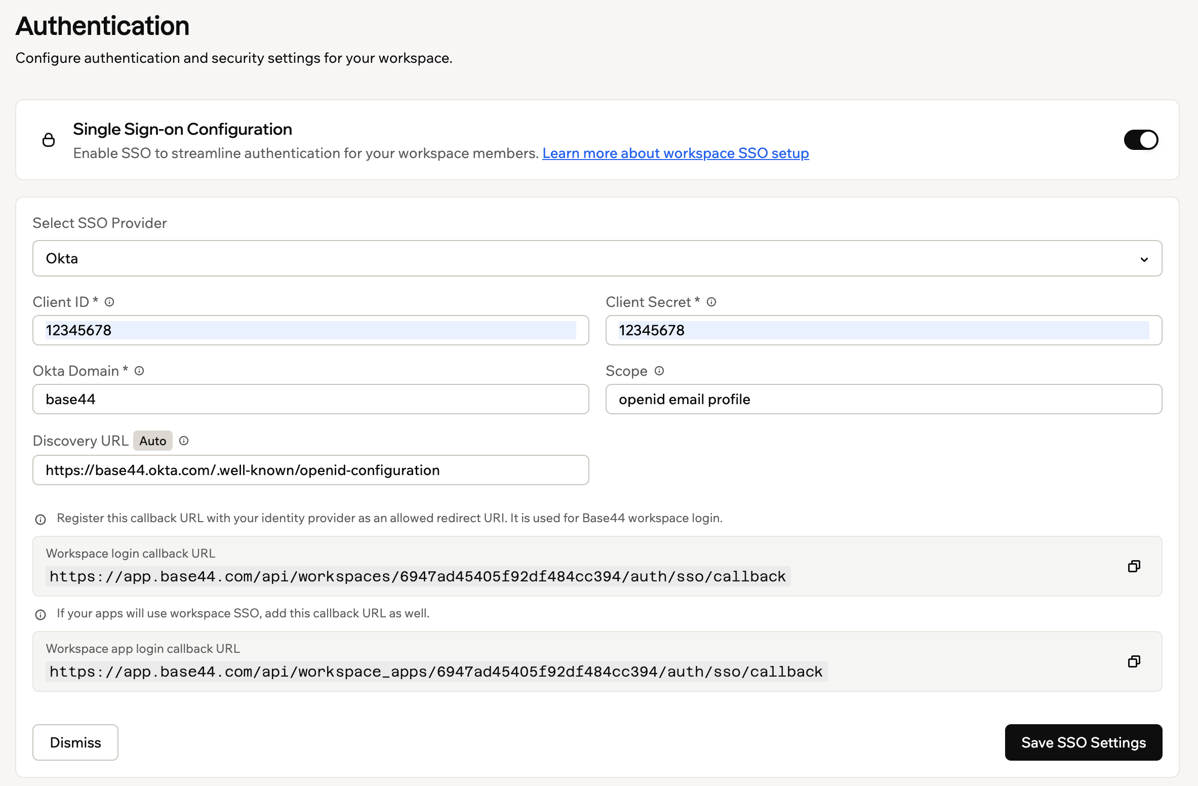 Base44 Authentication panel configured with Okta as the SSO provider