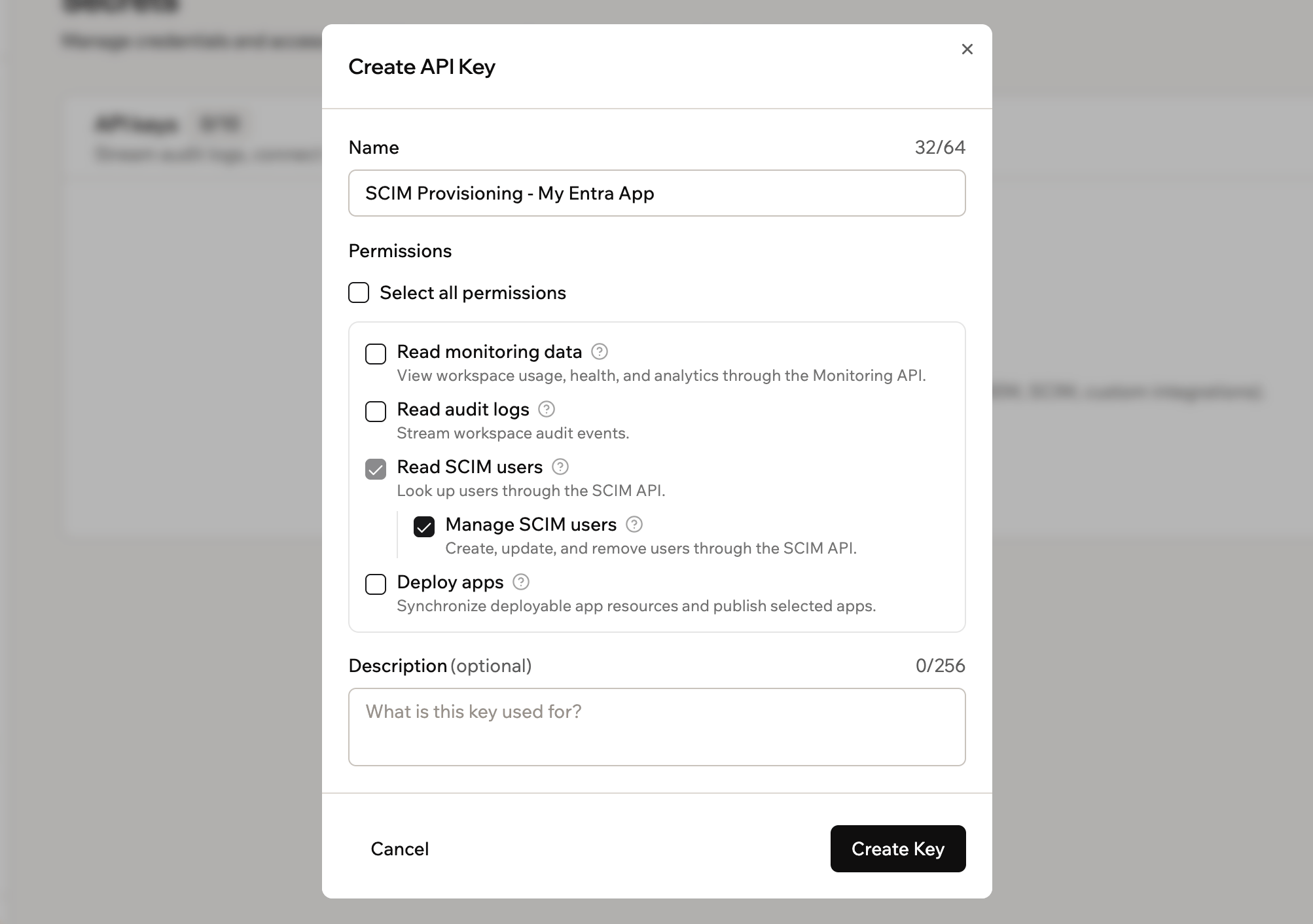 Base44 Create API Key dialog with a name entered