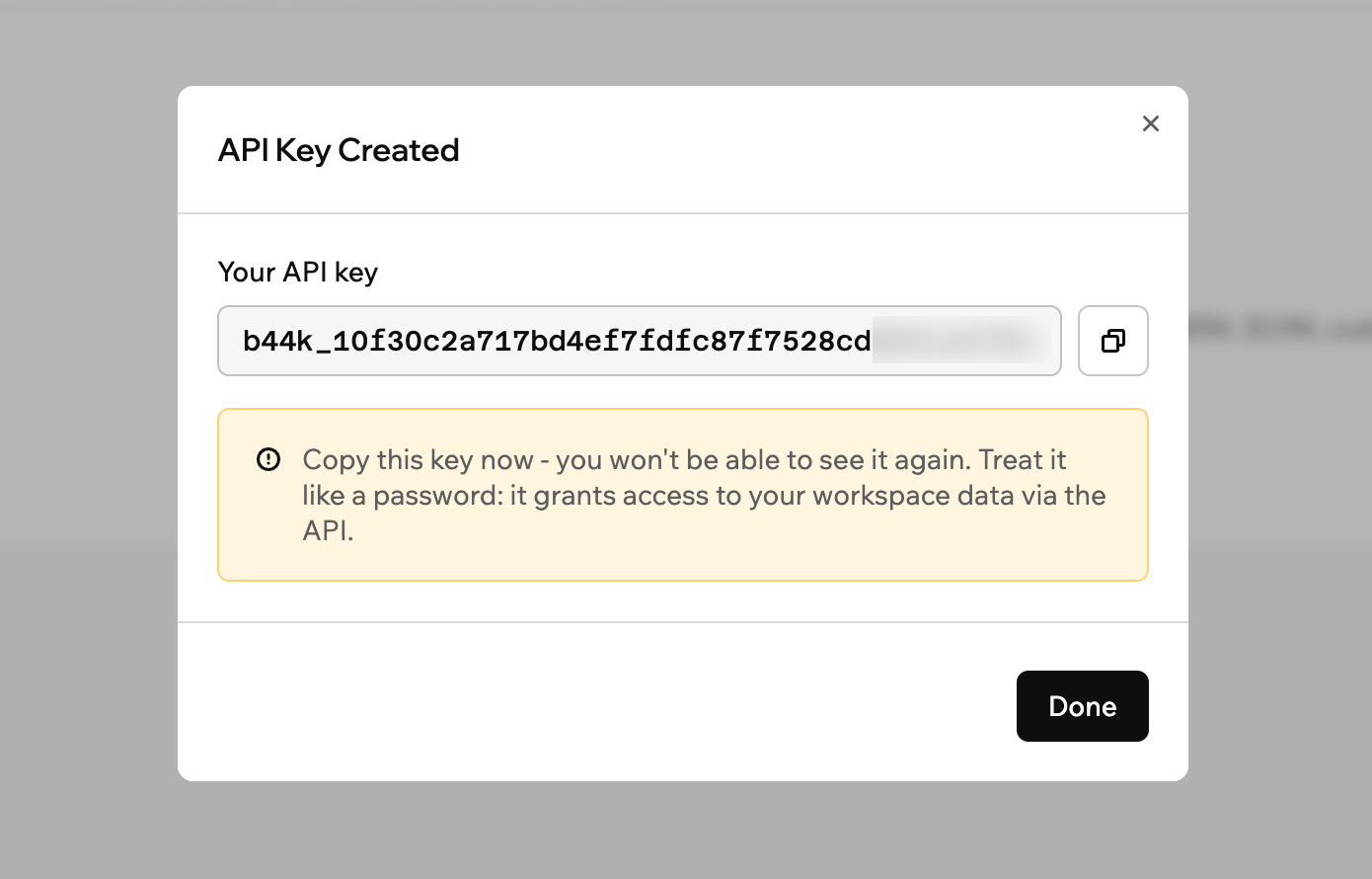 Base44 API Key Created dialog showing the generated key