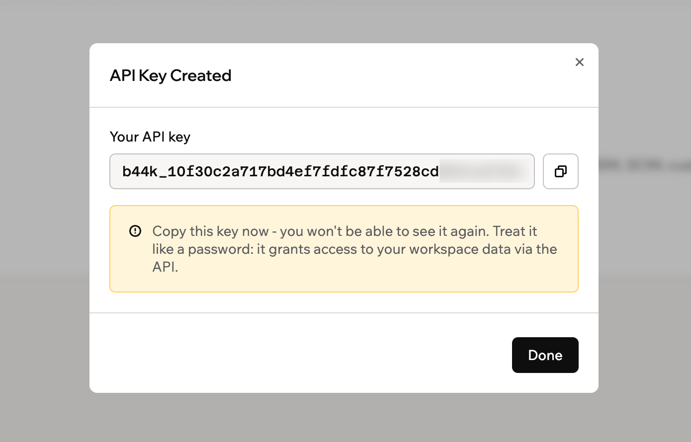 Base44 API Key Created dialog showing the generated key