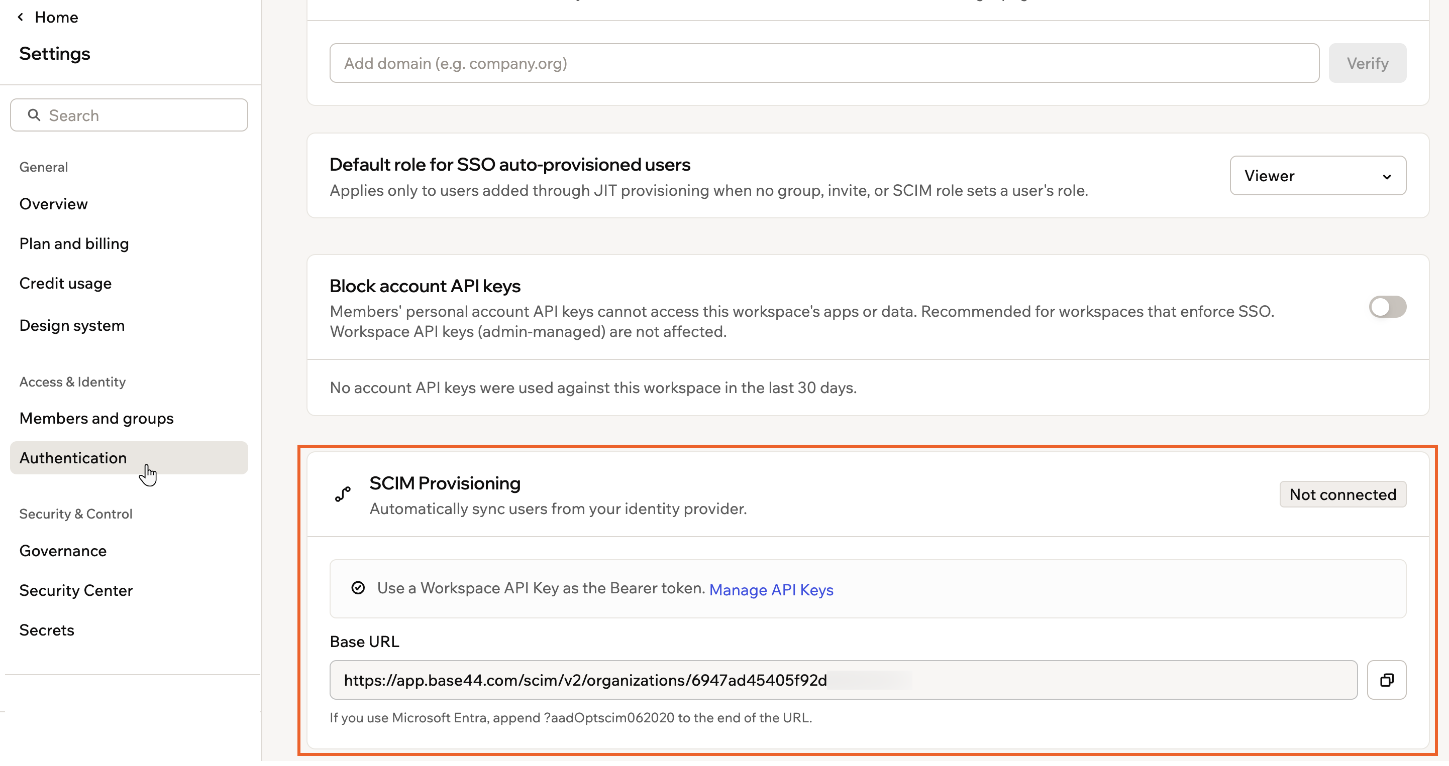 The SCIM Provisioning card on the Authentication page