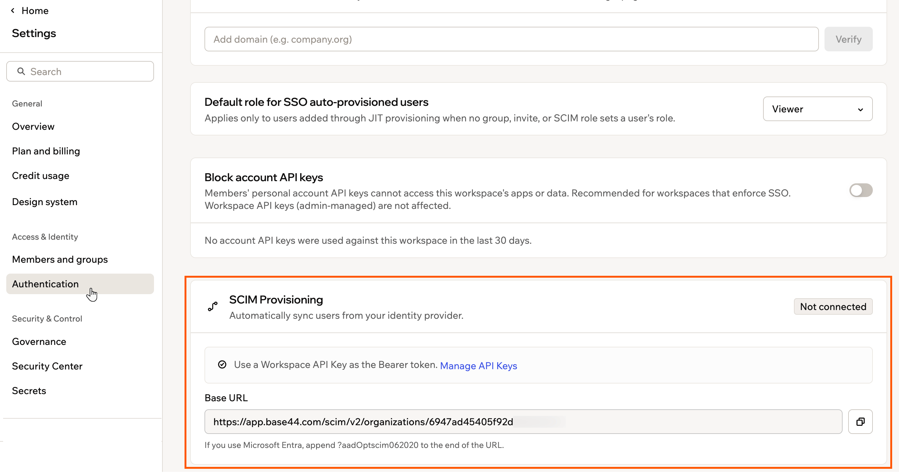 The SCIM Provisioning card on the Authentication page