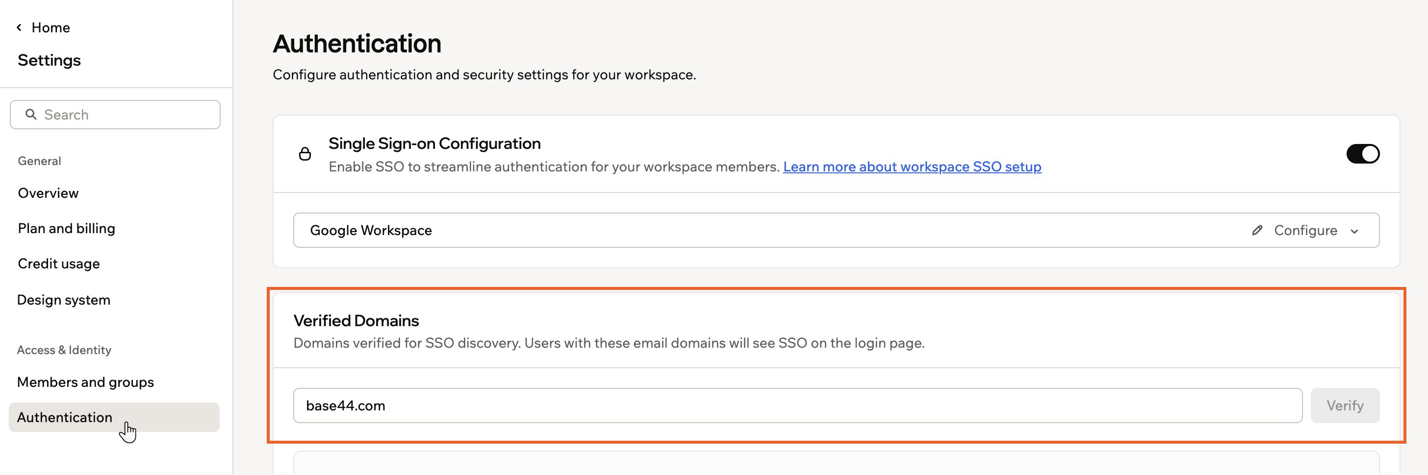 The Verified Domains card on the Authentication page