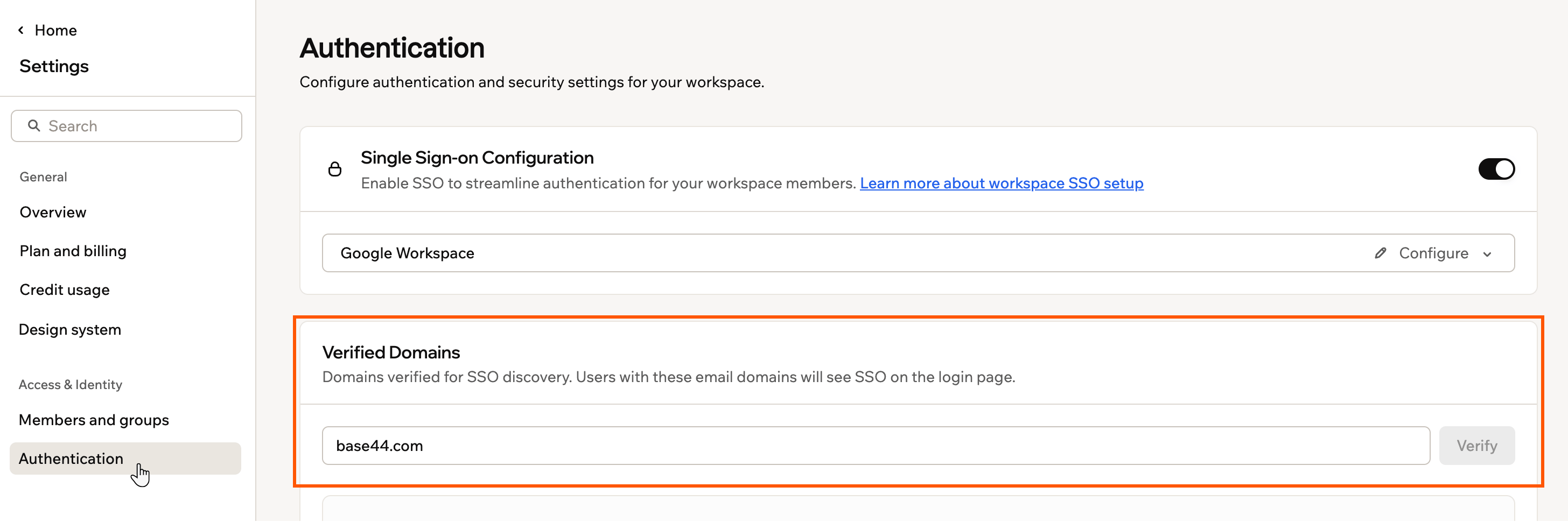 The Verified Domains card on the Authentication page