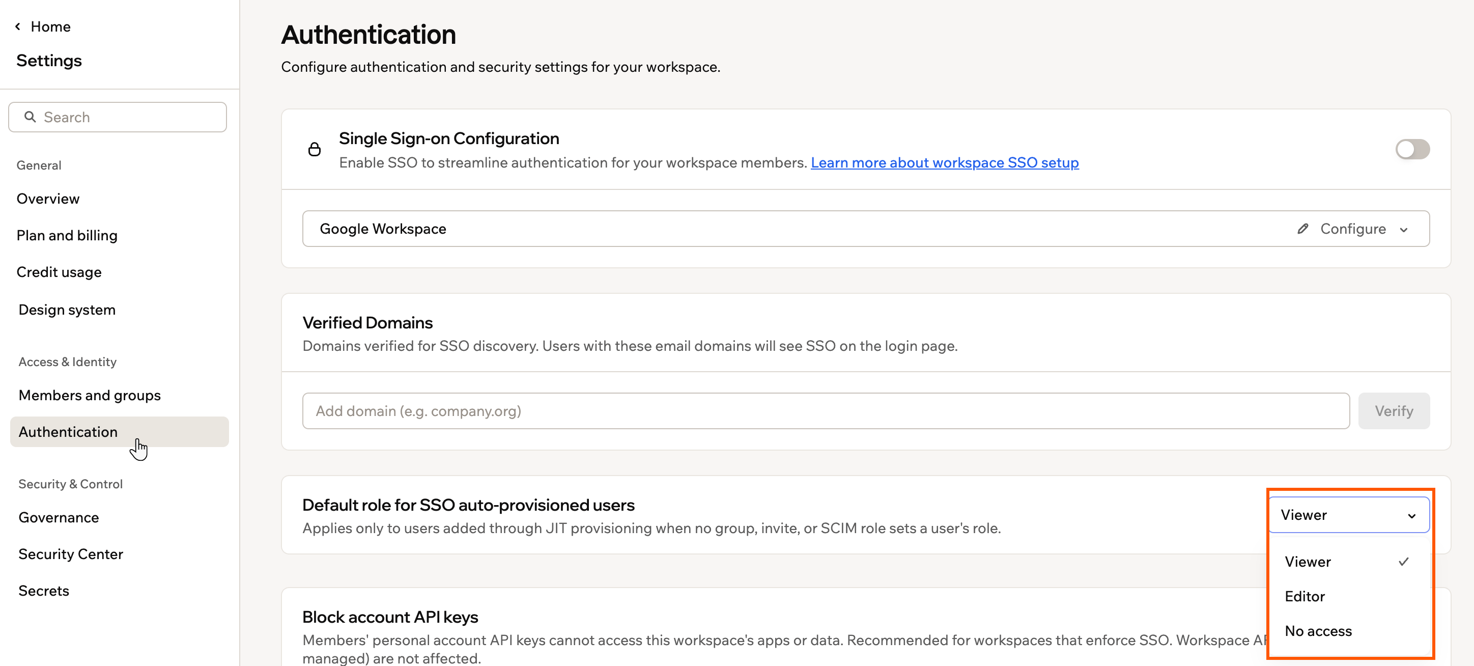 The Default role for SSO auto-provisioned users dropdown open, showing Viewer, Editor, and No access