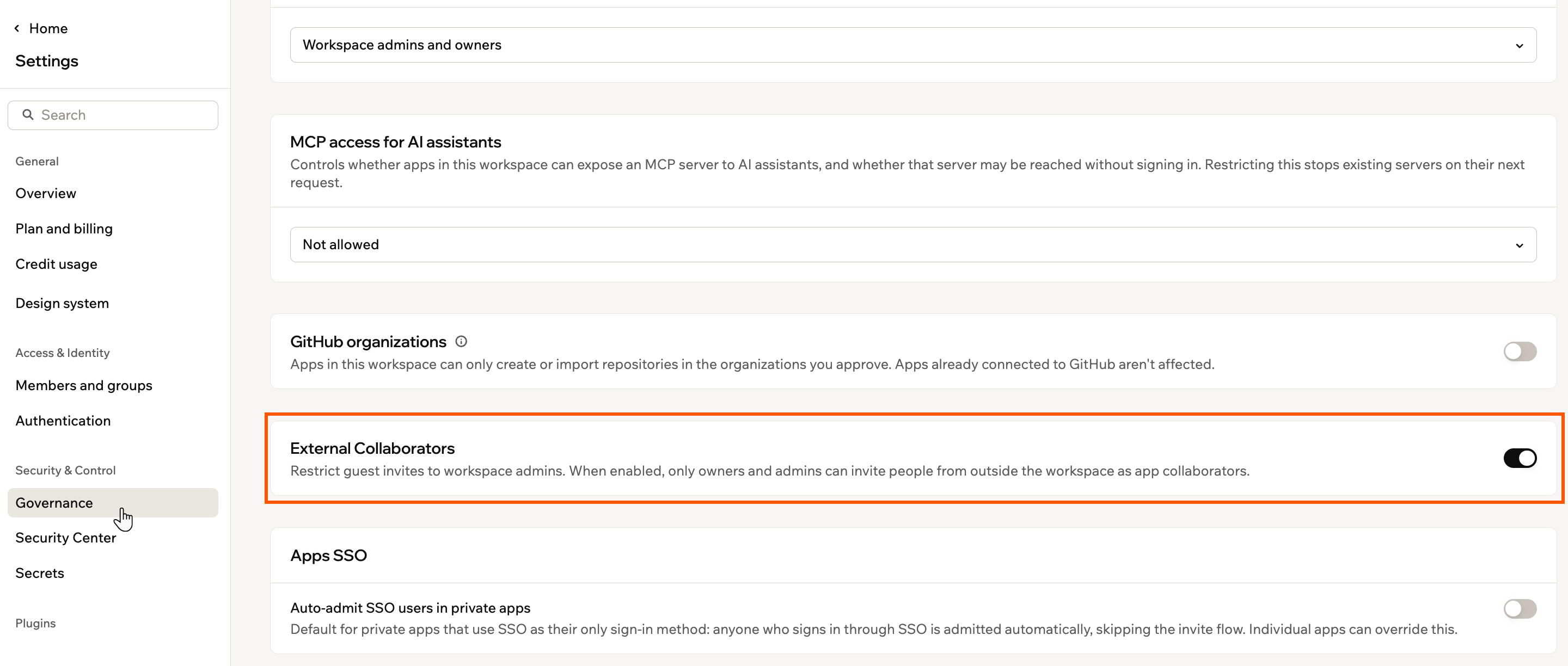 External Collaborators toggle in workspace Governance settings