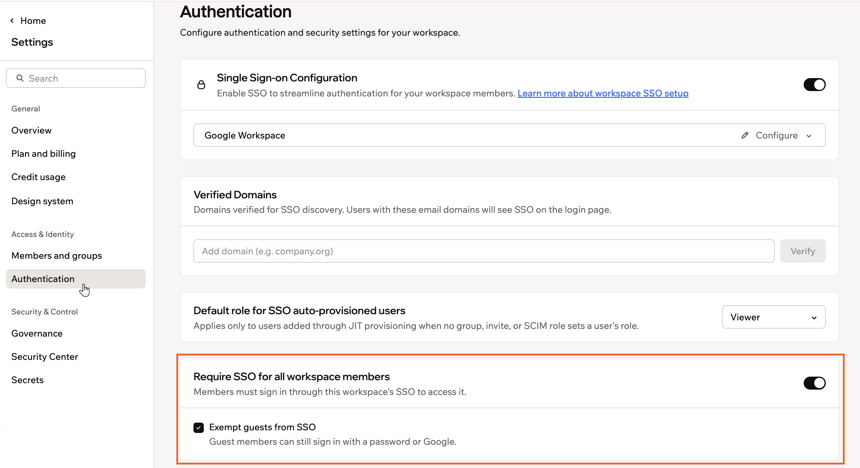 Requiring SSO for all workspace members in Authentication