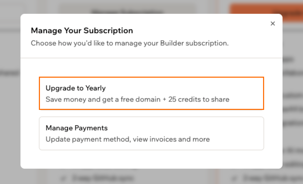 A screenshot of the Manage Your Subscription window with Upgrade to Yearly outlined, above Manage Payments