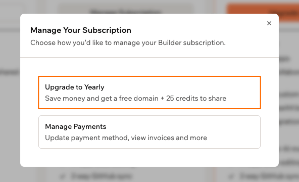 A screenshot of the Manage Your Subscription window with Upgrade to Yearly outlined, above Manage Payments